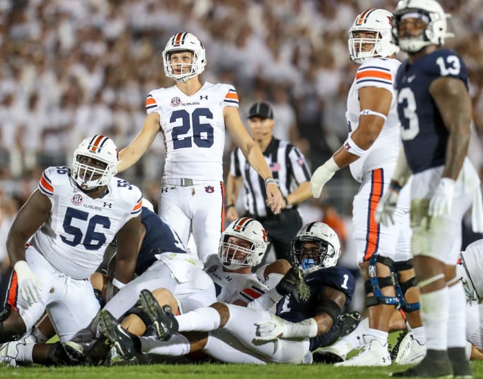 Sep 18, 2021; University Park, Pennsylvania, USA; Auburn Tigers kicker Anders Carlson (26) watches the ball after kicking a field goal during the fourth quarter against the Penn State Nittany Lions at Beaver Stadium. Penn State defeated Auburn 28-20. Mandatory Credit: Matthew OHaren-USA TODAY Sports